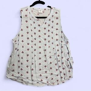 Croft & Barrow L Blue White Striped Floral Sleeveless Pintuck Top Cottagecore